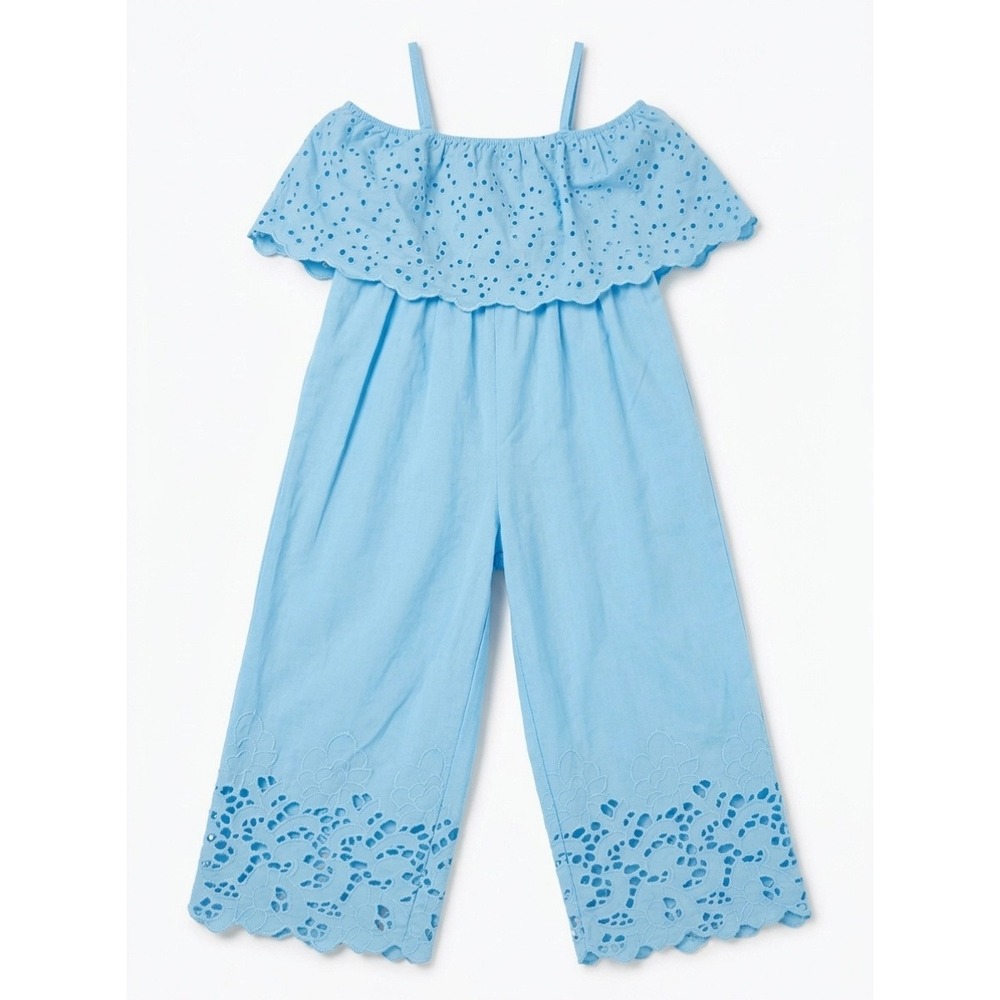 Size 5 Zara Kids Jumpsuit Light Blue Eyelet Ruffle Wide Leg Spaghetti Strap